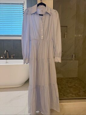 Light Blue Tiered Button-Front Maxi Dress with Long Sleeves - Brand New